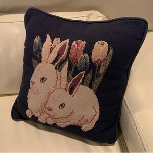 Vintage Woven Tapestry Bunny Rabbit Pillow 12”x12” Navy & Pink